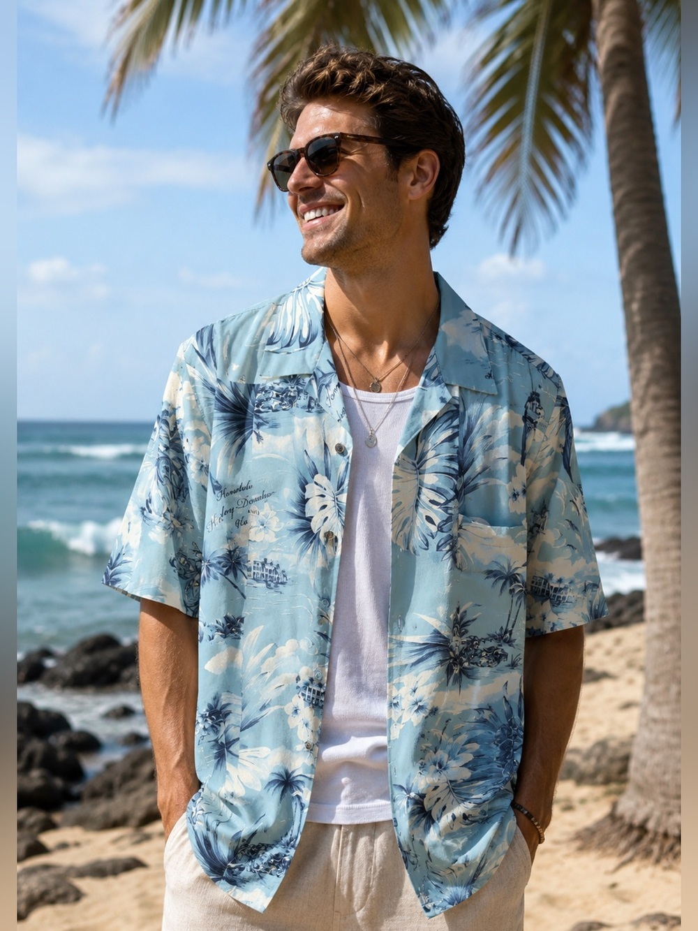Harley-Davidson Hawaiian Aloha Camp Shirt – Blue Tropical Print – Men’s Large